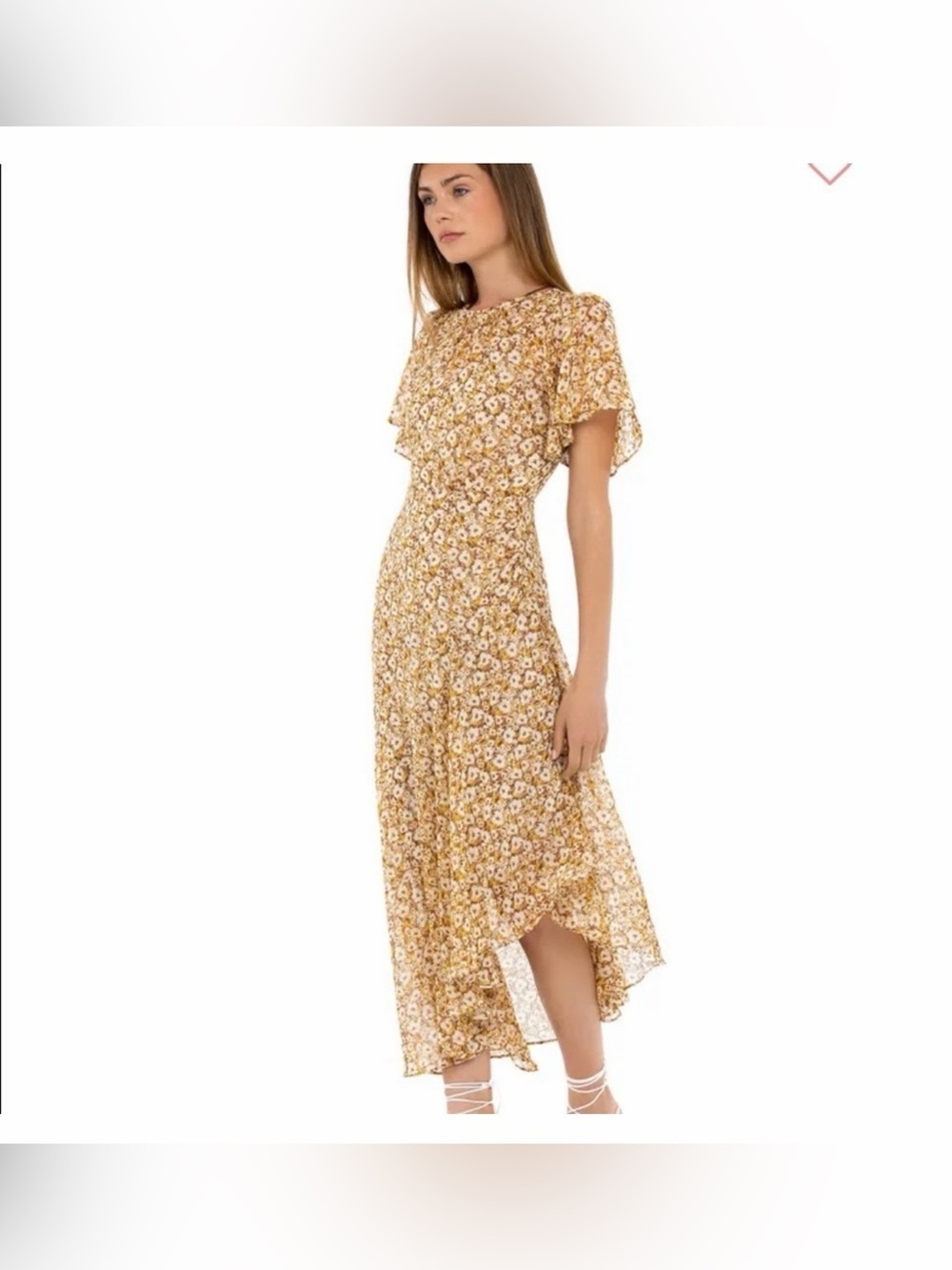 ASTR The Label Mustard Floral Chiffon High Low Flutter Sleeve Maxi Dress Size XS